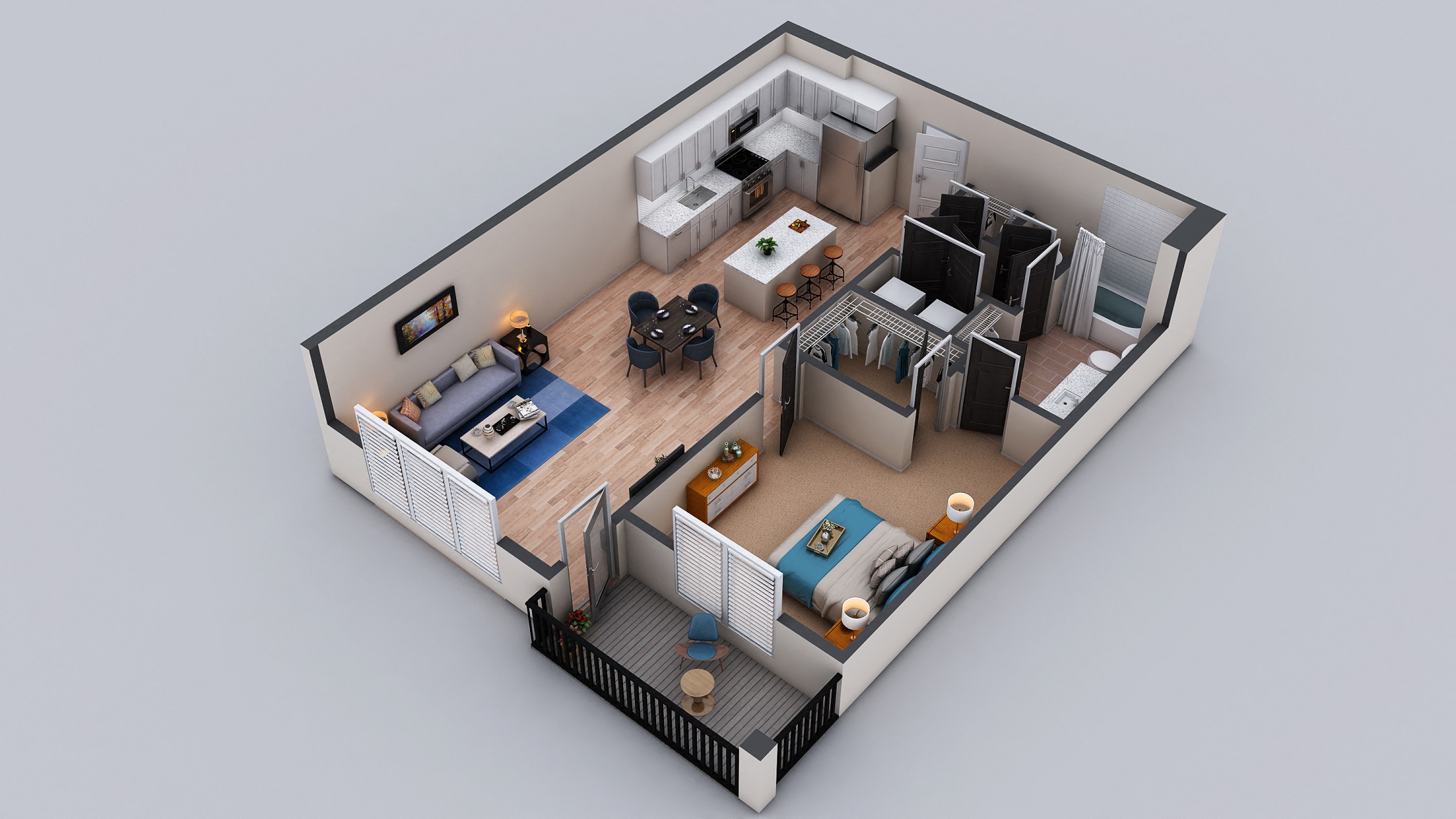 Floor plan for 1 bed, 1 bath, 965 sqft